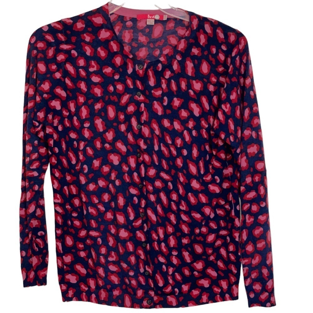 Boden Pink / Blue Leopard print 100% wool cardigan. Size 14 GUC